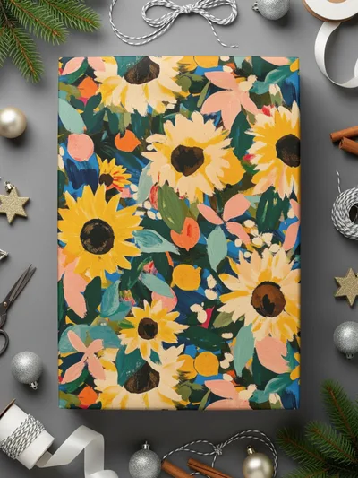 Colorful Floral Sunflower and Leaf Design Wrapping Paper