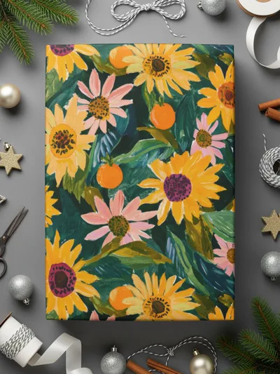 Floral and Orange Pattern Holiday Gift Wrap Paper