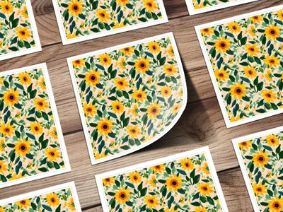 Vibrant Sunflower and Leaf Print Pattern Art Prints