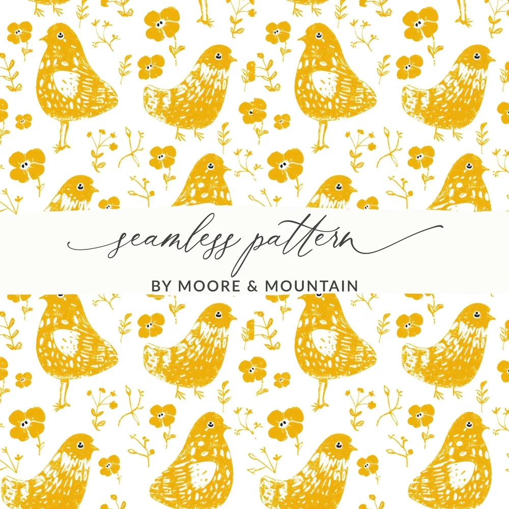 Yellow Bird Digital Paper, Floral Pattern for Spring, Cute Bird Illustration, Seamless Bird Pattern, Scrapbooking Paper, Kids Decor - Moore and Mountain
