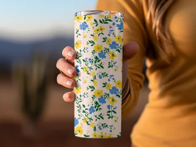 Yellow and Blue Floral Design Insulated Tumbler Cup