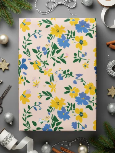 Floral Gift Wrap with Blue and Yellow Flowers Pattern