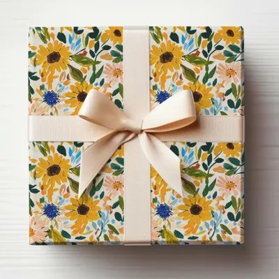 Floral Patterned Gift Box with Beige Ribbon