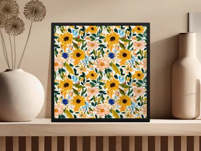 Vibrant Sunflower and Daisy Pattern Framed Wall Art