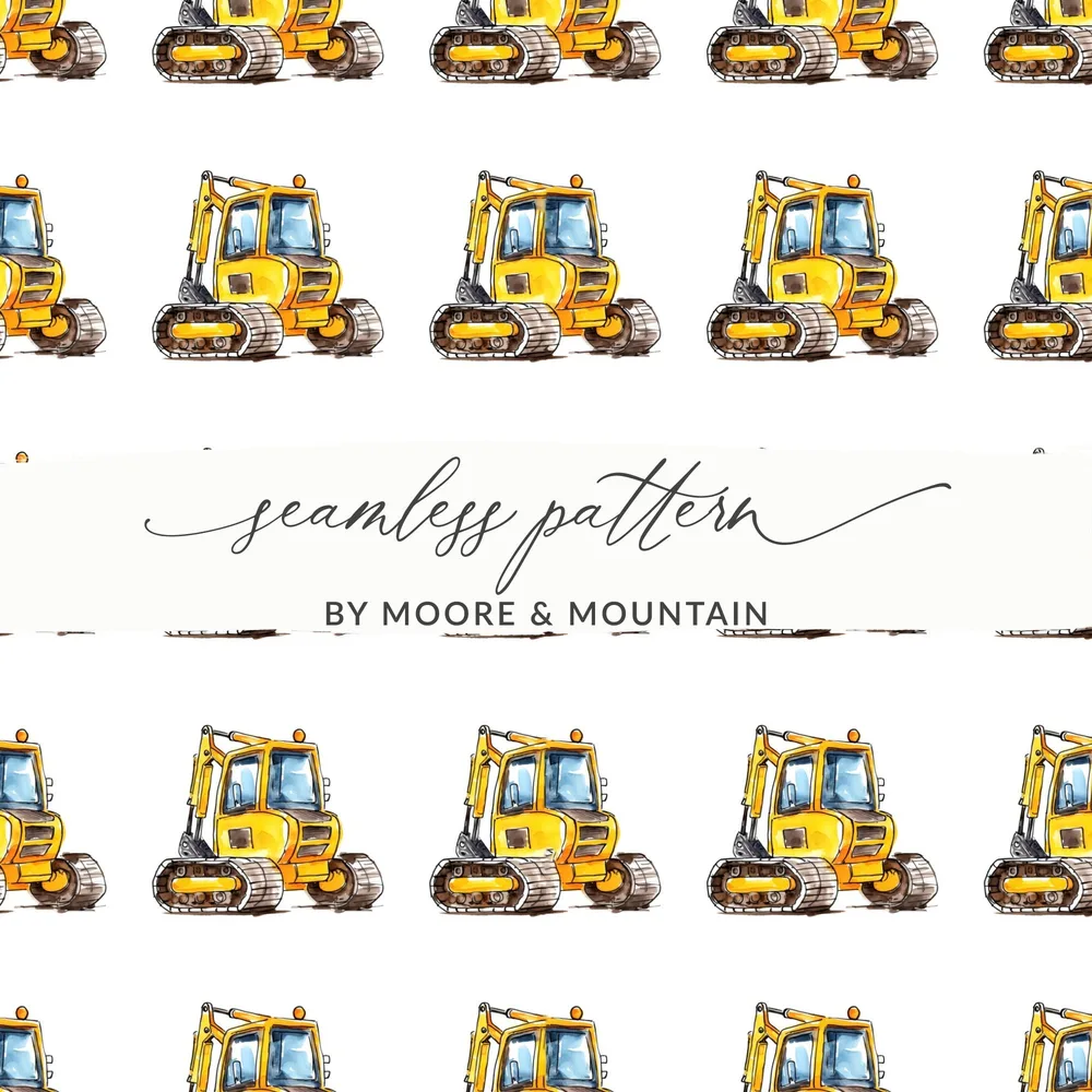 Yellow Excavator Seamless Pattern, Construction Vehicles, Digital Download, Kids Fabric, Scrapbooking Paper, Trucks, Construction Theme - Moore and Mountain