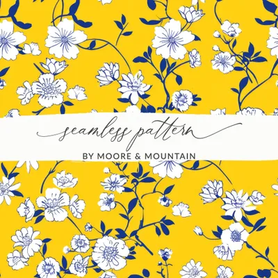 Yellow Floral Digital Paper, White Flowers, Blue Leaves Pattern, Spring, Summer, Floral Fabric Print, Seamless Pattern, Digital Download