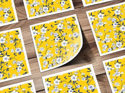 Yellow Floral Digital Paper, White Flowers, Blue Leaves Pattern, Spring, Summer, Floral Fabric Print, Seamless Pattern, Digital Download - Moore and Mountain