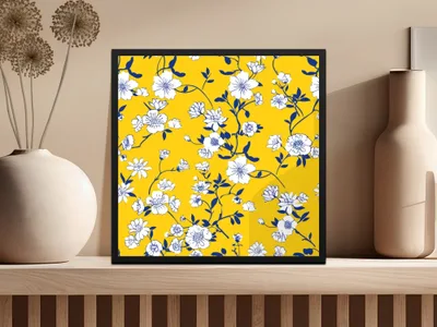 Yellow Floral Digital Paper, White Flowers, Blue Leaves Pattern, Spring, Summer, Floral Fabric Print, Seamless Pattern, Digital Download - Moore and Mountain
