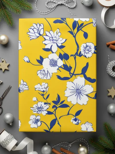Yellow Floral Digital Paper, White Flowers, Blue Leaves Pattern, Spring, Summer, Floral Fabric Print, Seamless Pattern, Digital Download - Moore and Mountain