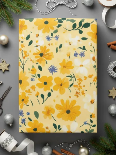 Yellow and White Floral Pattern Gift Wrap Paper