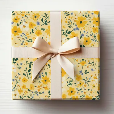 Yellow Floral Gift Wrap with Elegant Ribbon Design