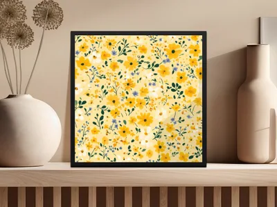 Bright Yellow Floral Pattern Wall Art Decor Frame
