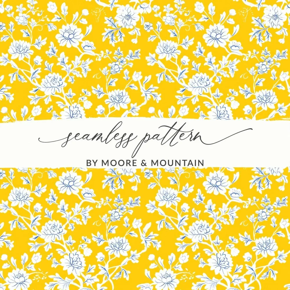 Yellow Floral Seamless Pattern Digital, Chinoiserie Design, Blue White Flowers, Repeatable Texture, Printable Scrapbook Paper, JPEG Files - Moore and Mountain