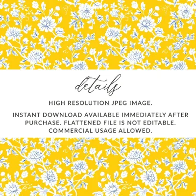 Yellow Floral Seamless Pattern Digital, Chinoiserie Design, Blue White Flowers, Repeatable Texture, Printable Scrapbook Paper, JPEG Files - Moore and Mountain
