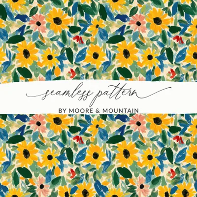 Yellow Gouache Sunflowers and Green Leaves Seamless Pattern