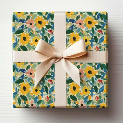 Vibrant Floral Gift Wrapping with Cream Ribbon Design