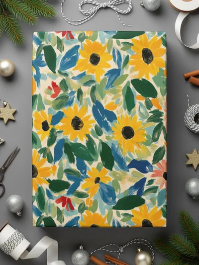 Colorful Sunflower and Leaf Design Wrapping Paper Sheet