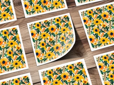 Vibrant Sunflower Pattern Illustration Square Sticker Sheet