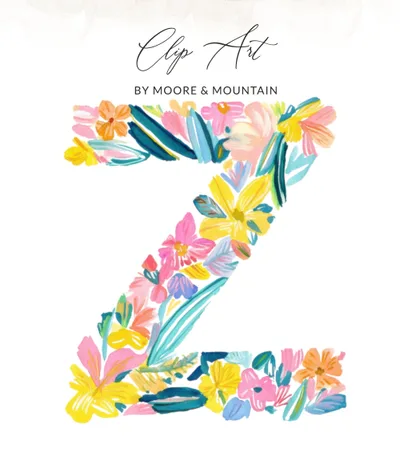 Z Letter Floral Watercolor Clipart, Vibrant Pastel PNG, Tropical Preppy Illustration, Hand Painted Digital Art, Rainbow Bright Girly, Y2K