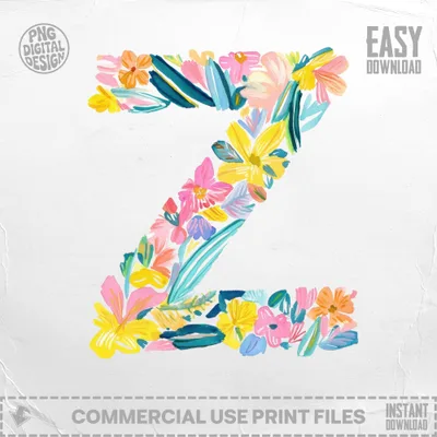 Letter Z composed of colorful watercolor floral elements.